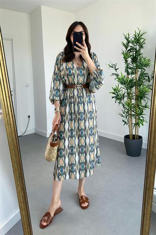 Olive Beli Lastikli Modal Elbise