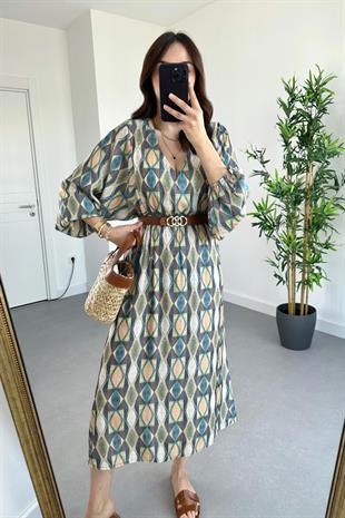 Olive Beli Lastikli Modal Elbise