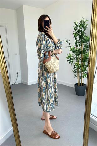 Olive Beli Lastikli Modal Elbise