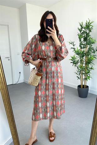 Orange Beli Lastikli Modal Elbise