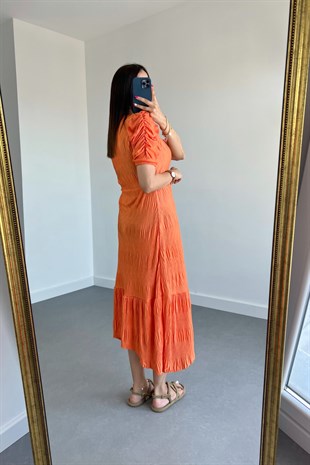 Orange Karpuz Kol Etek Ucu Asimetrik Elbise