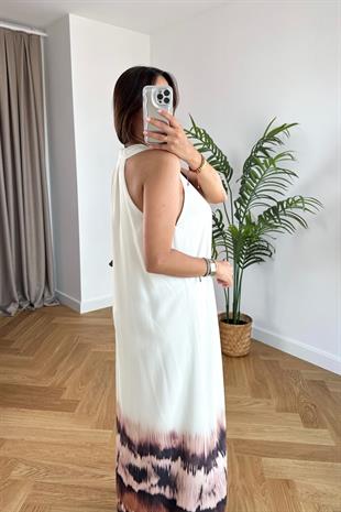 Oyera Beyaz Etek Uçları Renk Geçişli Sıfır Kol Elbise