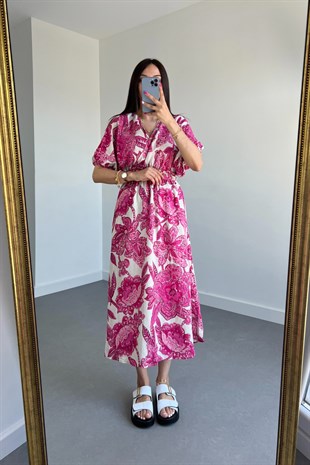 Pembe Kruvaze Yaka Keten Maxi Boy Elbise