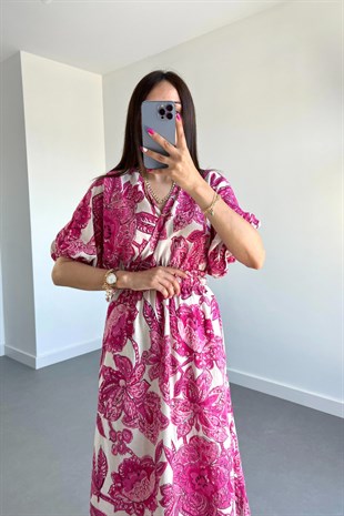 Pembe Kruvaze Yaka Keten Maxi Boy Elbise