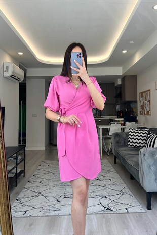 Pembe Kruveze Yaka Keten Elbise