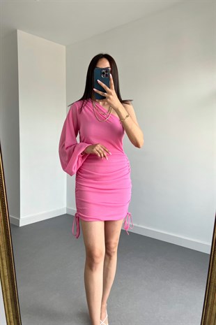 Pembe Tek Omuz Drapeli Elbise