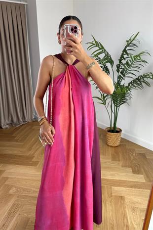Pinke Pembe Çok Renkli Halter Yaka Elbise