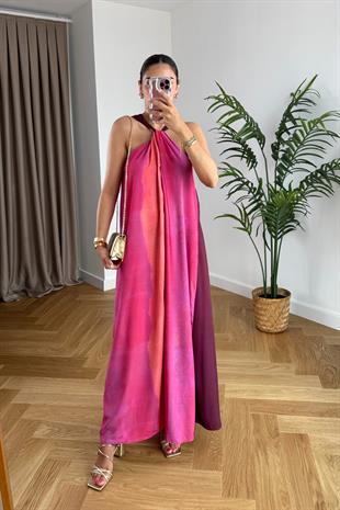 Pinke Pembe Çok Renkli Halter Yaka Elbise