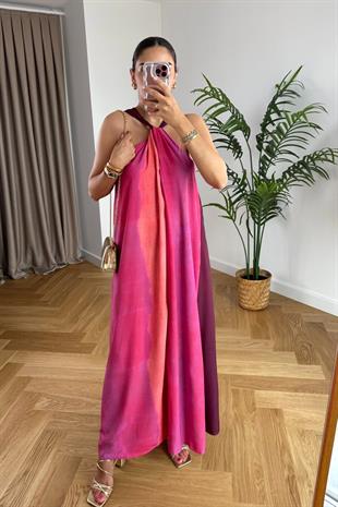 Pinke Pembe Çok Renkli Halter Yaka Elbise