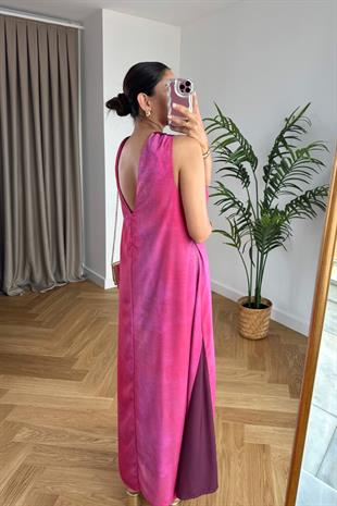 Pinke Pembe Çok Renkli Halter Yaka Elbise