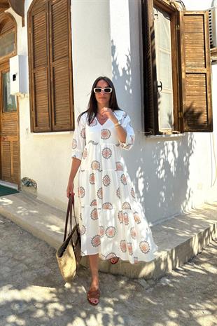 Princess Beyaz V Yaka Geometrik Detaylı Elbise