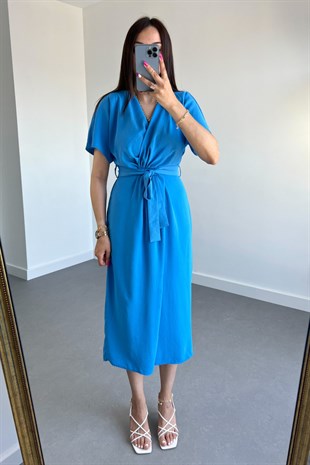 Saks Mavi Bel Detaylı Elbise