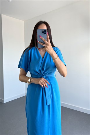 Saks Mavi Bel Detaylı Elbise