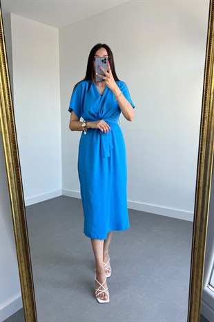Saks Mavi Bel Detaylı Elbise
