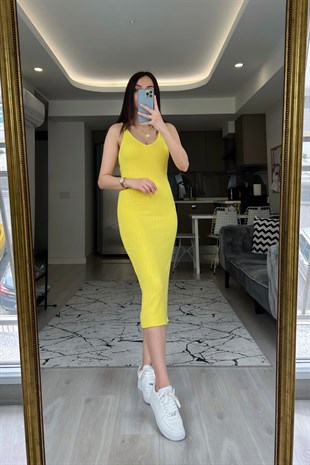 Sarı Askılı Fitilli Elbise