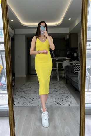 Sarı Askılı Fitilli Elbise