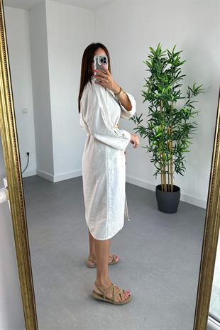 Shedi Natural Hasır Kemer Detaylı Düğmeli Elbise