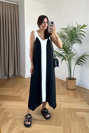 Simody Siyah Ortası Beyaz Şeritli Asimetrik Kesim Elbise