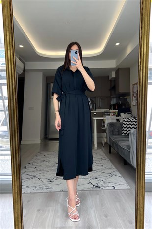 Siyah Beli Kuşaklı Elbise