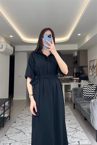 Siyah Beli Kuşaklı Elbise