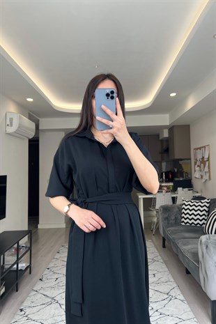 Siyah Beli Kuşaklı Elbise