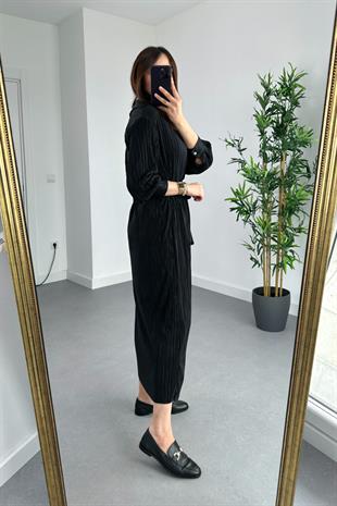 Siyah Krinkıl Kumaş Astarlı Kuşaklı Elbise