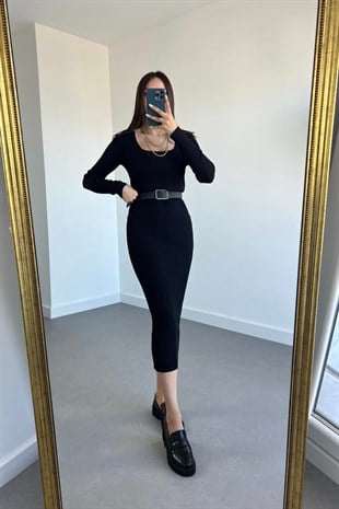 Siyah V Yaka Çelik Triko Elbise