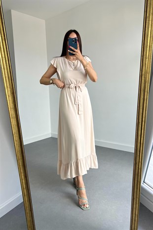 Taş Rengi Beli Kuşaklı Astarlı Elbise
