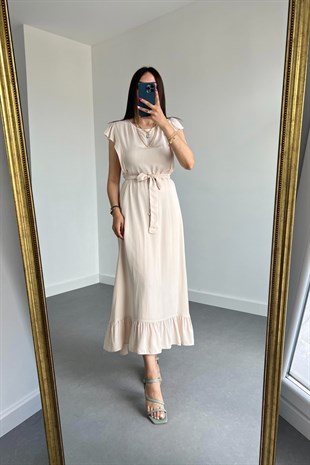 Taş Rengi Beli Kuşaklı Astarlı Elbise