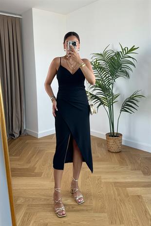 Vesta Siyah Drape Detaylı Elbise