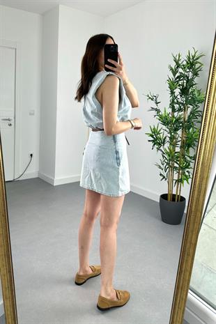ZR Buz Mavi Vatka Detaylı Denim Elbise
