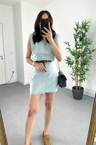 ZR Buz Mavi Vatka Detaylı Denim Elbise