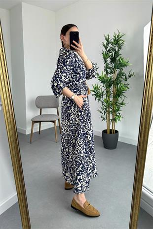 ZR Lacivert Ekru Düğme Detaylı Kuşaklı Maxi Boy Elbise