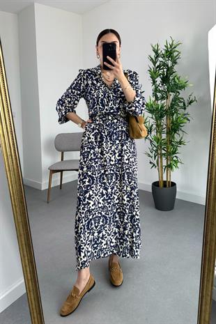 ZR Lacivert Ekru Düğme Detaylı Kuşaklı Maxi Boy Elbise
