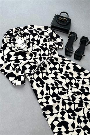 ZR Siyah Ekru Desenli Kuşaklı Elbise