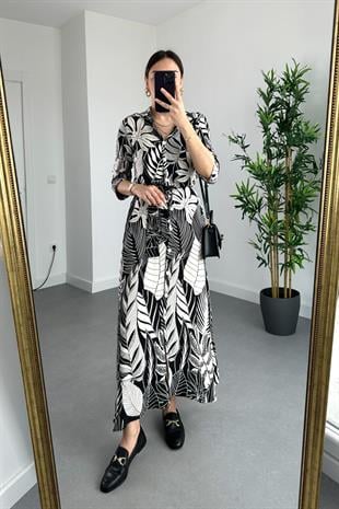 ZR Siyah Ekru Düğme Detaylı Kuşaklı Maxi Boy Elbise