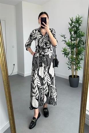 ZR Siyah Ekru Düğme Detaylı Kuşaklı Maxi Boy Elbise