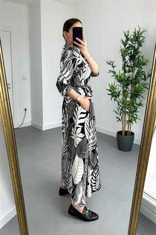 ZR Siyah Ekru Düğme Detaylı Kuşaklı Maxi Boy Elbise