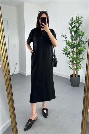 ZR Tone Siyah Cep Detaylı Basic Elbise