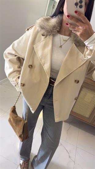 Elisa Krem Yakası Kürk Detaylı Trençkot
