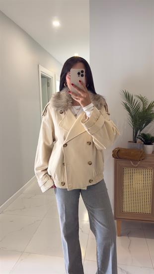 Elisa Krem Yakası Kürk Detaylı Trençkot
