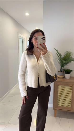 Elisya Taş Yakası Deri Detaylı Hırka