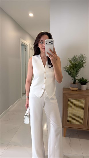 Elitra Ekru Çizgili Yelek Pantolon Takım