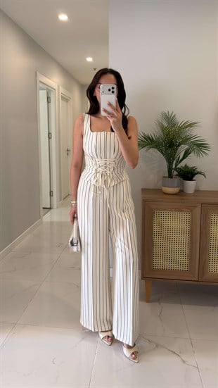 Ellosa Bej Çizgili Korse Bluz Pantolon Takım