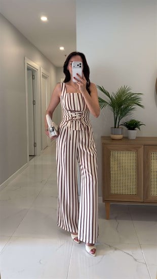 Ellosa Bordo Çizgili Korse Bluz Pantolon Takım