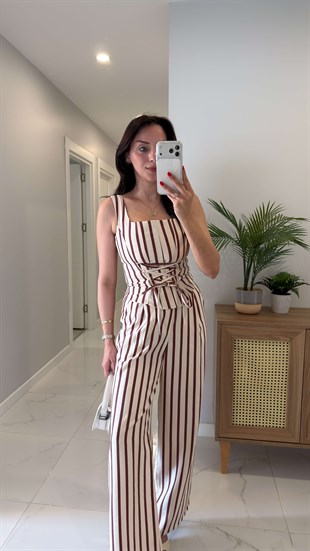 Ellosa Bordo Çizgili Korse Bluz Pantolon Takım