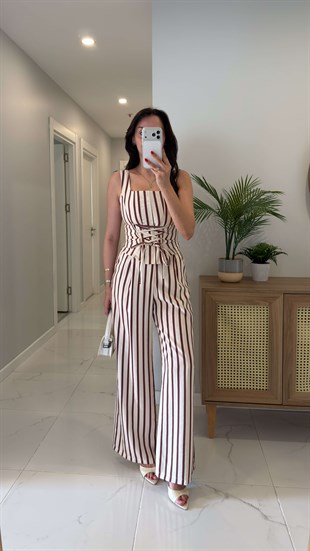 Ellosa Bordo Çizgili Korse Bluz Pantolon Takım