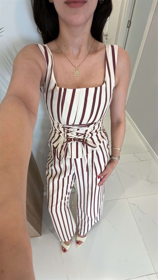 Ellosa Bordo Çizgili Korse Bluz Pantolon Takım
