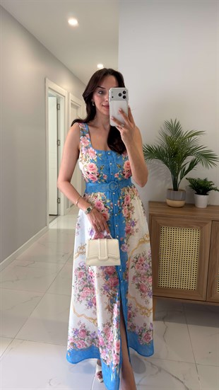 Elwis Mavi Pembe Çiçekli Kemer Detaylı Askılı Elbise