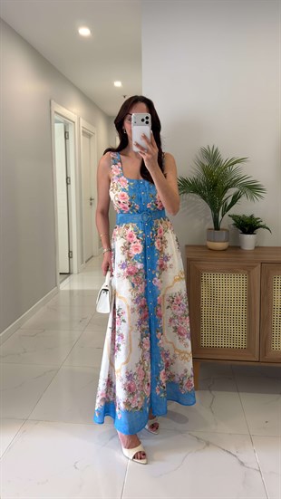 Elwis Mavi Pembe Çiçekli Kemer Detaylı Askılı Elbise